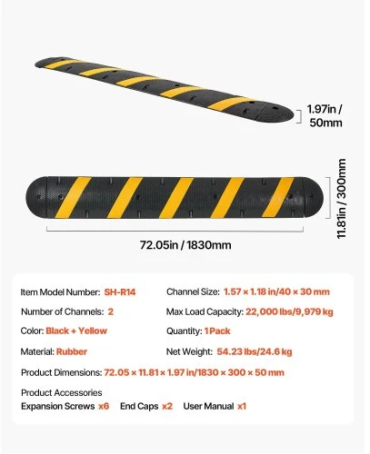 VEVOR Kabelio apsaugos rampa 1830 mm, 2 kanalų, guma, juoda / geltona, SH-R14