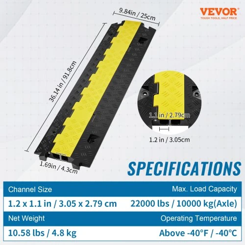 VEVOR Kabelio apsaugos rampa, 91,8 x 25 x 4,3 cm, 2 kanalai, juoda ir geltona