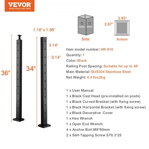 Koduva VEVOR kabelių turėklų kampinis stulpas, 36" x 1" x 2", plieno L formos, 10 iš anksto išgręžtų skylių