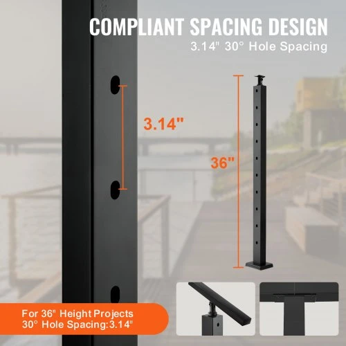 Koduva VEVOR kabelių turėklų stulpas, 36" x 1" x 2", plieno, su 30° kampinėmis skylėmis laiptams