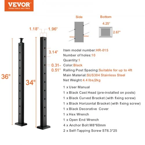 Koduva VEVOR kabelių turėklų stulpas, 36" x 1" x 2", plieno, su 30° kampinėmis skylėmis laiptams