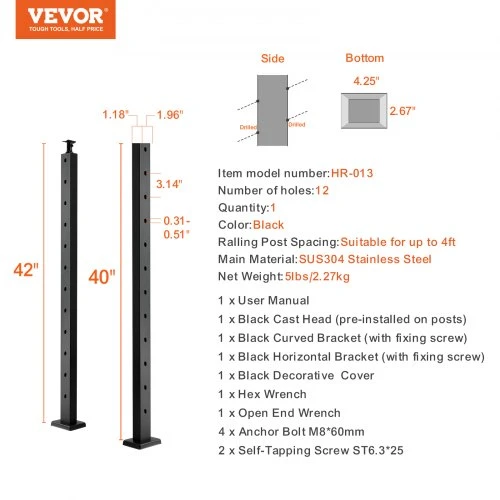 VEVOR Kabelių turėklų stulpas, 42" x 1" x 2", 30° kampinės skylės, 12 išgręžtų skylių