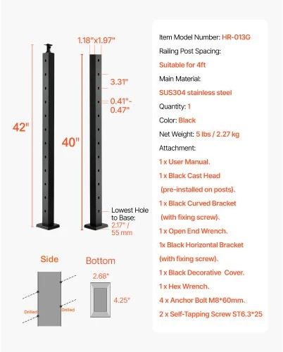 VEVOR Kabelių turėklų stulpas laiptams, 42x1x2 col., juodas, su 30° skylėmis, 1 vnt.