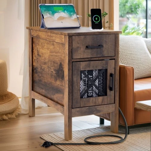 Sofa VEVOR Kaimiško stiliaus galinis staliukas su USB ir rozetėmis, 3 aukštų, su 1 stalčiumi