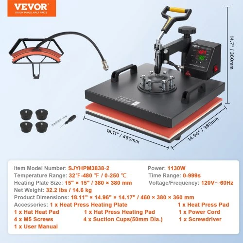 Koduva VEVOR kaitinimo presas, 15 x 15 col. / 38 x 38 cm, 2in1 clamshell, su teflono danga