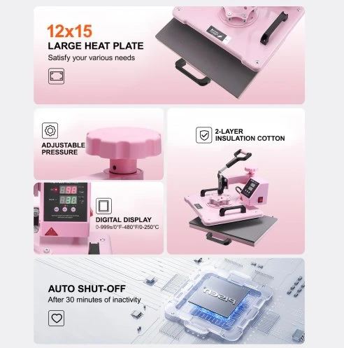 Koduva VEVOR kaitinimo preso staklės 30,5 x 38,1 cm, 5in1, su 850,5 g puodelių presu, marškinėliams, rožinės