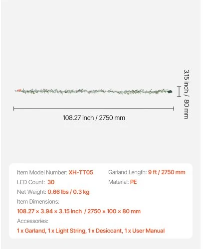 Koduva VEVOR kalėdinė girlianda, 2750 mm, žalia, su LED šviesos girlianda