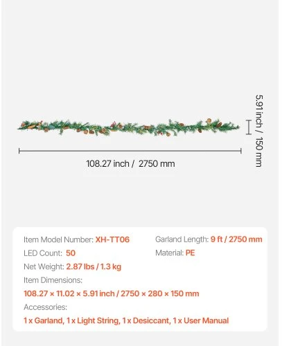 Koduva VEVOR Kalėdinė girlianda su LED šviesos girlianda, 2750 mm, žalia