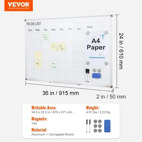 VEVOR Kalendoriaus lenta, magnetinė sauso trynimo lenta 36 x 24 col., mėnesio planuoklis