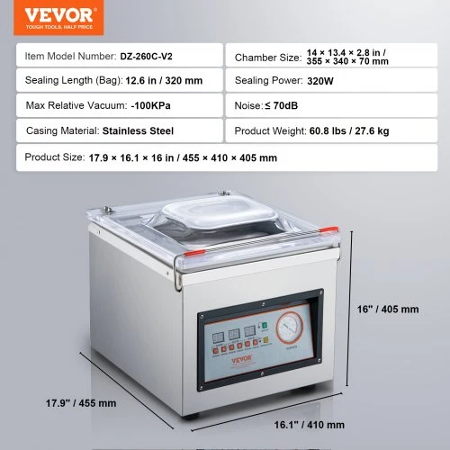 VEVOR Kamerinis vakuumatorius DZ-260C-V2, nerūdijantis plienas, 320 W, 320 mm