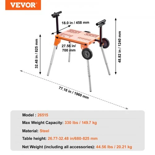 Koduva VEVOR kampinio pjūklo stovas su stalviršiu ir ratukais, plieno, sulankstomas, 149,7kg apkrova