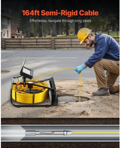 Koduva VEVOR kanalizacijos kamera, 164 ft/50 m, 4,3 colio vamzdžių apžiūros kamera su 6 reguliuojamais LED, 16GB kortele ir 8500mAh baterija