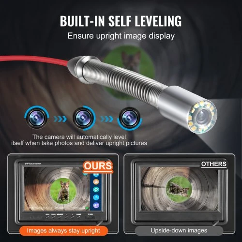 VEVOR Kanalizacijos kamera, 165 ft/50 m, savaime išsilyginanti, 512 Hz siųstuvas, 9" ekranas, 1080P HD, 12 LED, 32 GB kortelė
