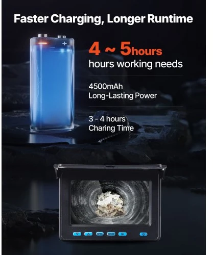 VEVOR Kanalizacijos kamera, 20 m vamzdžių patikros kamera, 4,3 col. ekranas, 6 reguliuojami LED, 4500 mAh, 16 GB