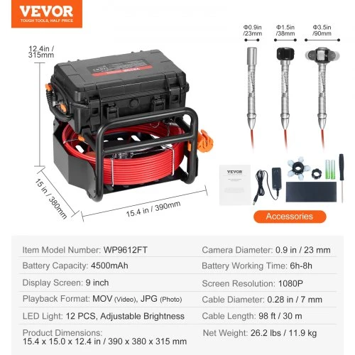 VEVOR Kanalizacijos kamera, 30 m, savaime išsilyginanti, su 512 Hz siųstuvu, atstumo skaitikliu, 9 col. ekranu, 1080P, 12 LED ir 32 GB kortele