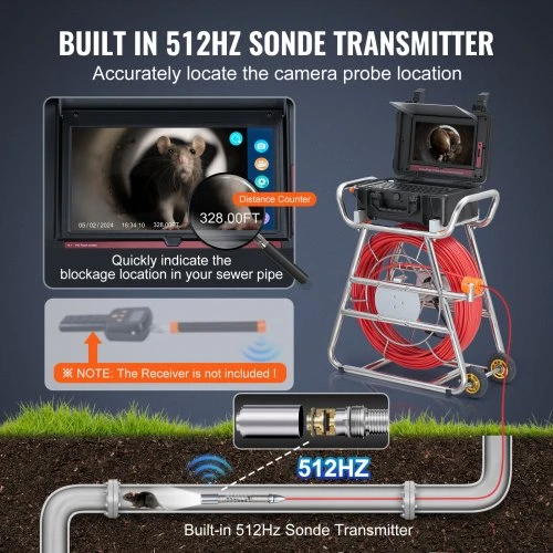 VEVOR Kanalizacijos kamera, 328 ft/100 m, savaime išsilyginanti, 10,1 col. liečiamas ekranas, 512Hz siųstuvas, 12 LED