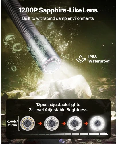 VEVOR Kanalizacijos kamera, 50 m, savaime išsilyginanti, 1080P HD ekranas, IP68, 12 LED, 16 GB kortelė