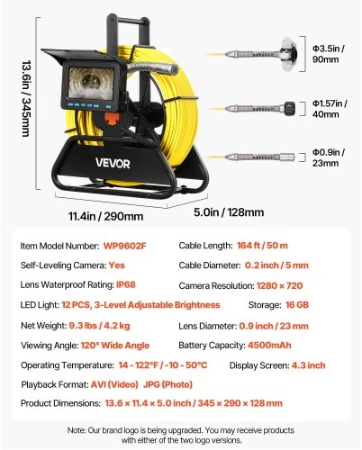 VEVOR Kanalizacijos kamera, 50 m, savaime išsilyginanti, 1080P HD ekranas, IP68, 12 LED, 16 GB kortelė