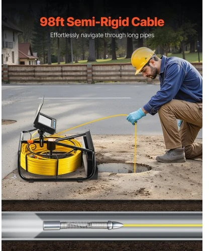 Koduva VEVOR kanalizacijos kamera, 98 ft/30 m, 4,3 col. drenažo apžiūros kamera su 6 reguliuojamais LED, 16 GB kortele, 3X priartinimu ir 8500 mAh baterija