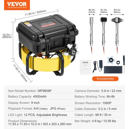 VEVOR Kanalizacijos kamera, 98 ft/30 m, savaime išsilyginanti, 9" 1080P ekranas, 36X priartinimas, 12 LED, 32GB