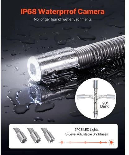 Koduva VEVOR kanalizacijos kamera, 98 ft/30 m, 4,3 col. drenažo apžiūros kamera su 6 reguliuojamais LED, 16 GB kortele, 3X priartinimu ir 8500 mAh baterija