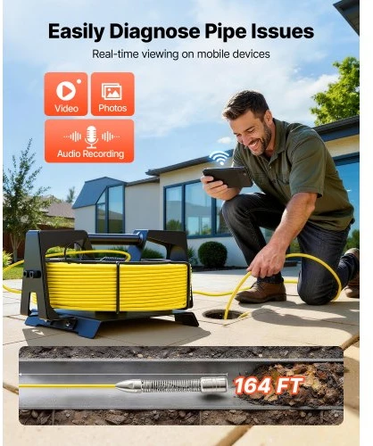 VEVOR Kanalizacijos kamera su Wi‑Fi, 50 m vamzdyno kamera, IP68, 12 LED