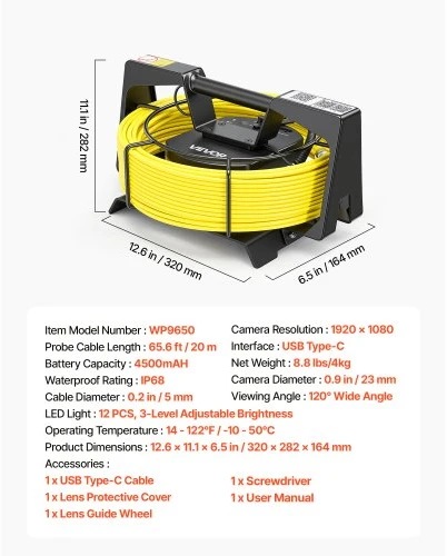 VEVOR Kanalizacijos kamera su Wi‑Fi, 20 m vamzdyno kamera, IP68, 12 LED