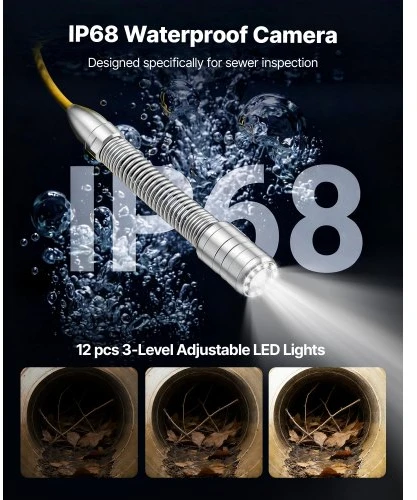 VEVOR Kanalizacijos kamera su WiFi, 30 m vamzdyno kamera, IP68, 12 LED