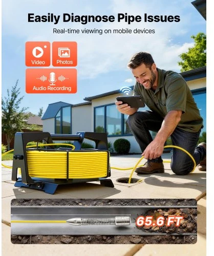 VEVOR Kanalizacijos kamera su Wi‑Fi, 20 m vamzdyno kamera, IP68, 12 LED