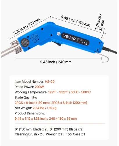 Koduva VEVOR karšto peilio putplasčio pjaustytuvas, 200 W, reguliuojamas 50–500 °C, su 150 mm ir 200 mm ašmenimis