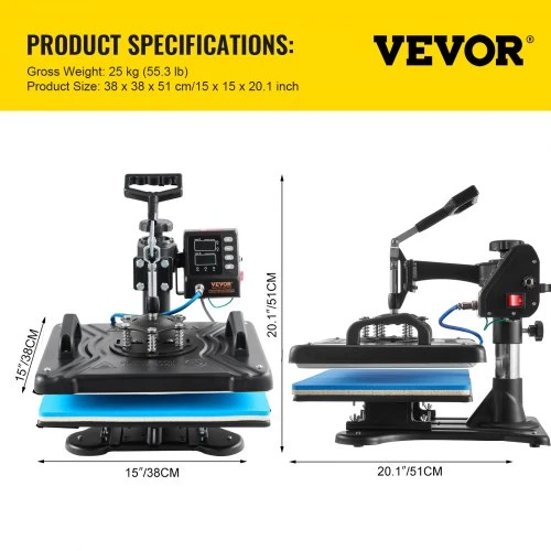 Koduva VEVOR karšto spaudimo presas 30,5 x 38,1 cm 10 in 1, 1000 W, 360° pasukamas, juodas