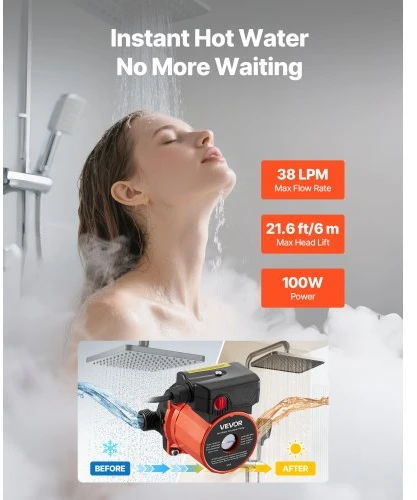 VEVOR Karšto vandens recirkuliacinis siurblys 38 LPM, 100 W, oranžinis / juodas, 15PBG-6B