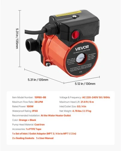 VEVOR Karšto vandens recirkuliacinis siurblys 38 LPM, 100 W, oranžinis / juodas, 15PBG-6B