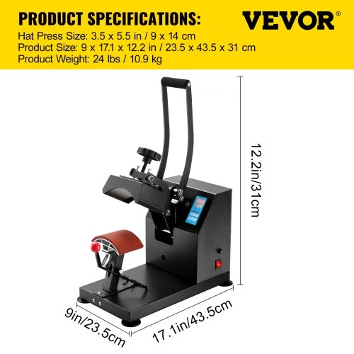 Koduva VEVOR kepurių termopresas 9 x 14 cm, 350 W, su skaitmeniniu LCD laikmačiu ir temperatūros valdymu