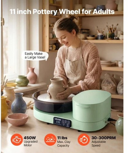 Koduva VEVOR keramiko žiedimo staklės su pedalu, 28 cm aliumininis diskas, 450 W, 30–300 aps./min., žalia