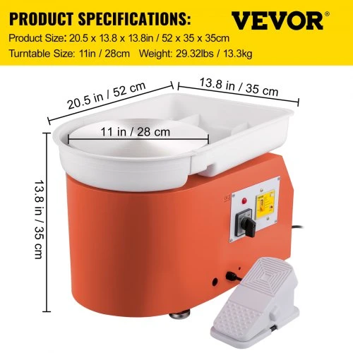 Koduva VEVOR keramikos žiedimo staklės 27,9 cm, 0–300 aps./min., 350 W, oranžinės