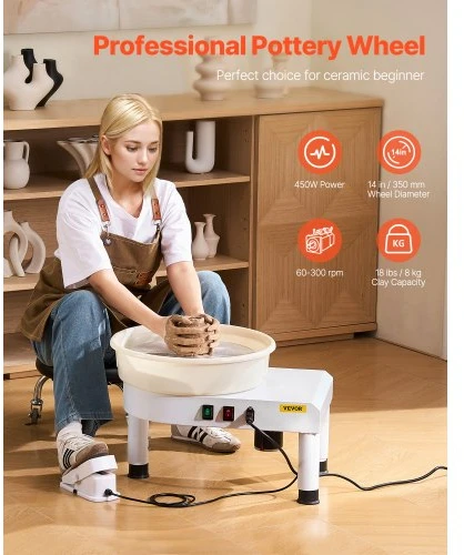 Koduva VEVOR keramikos žiedimo staklės, 35 cm, 60–300 aps./min, kojinis pedalas, reguliuojamos kojelės, nuimamas baseinas, įrankių rinkinys, baltos
