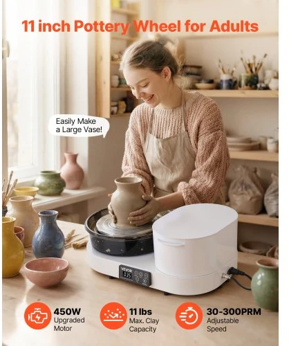 Koduva VEVOR keramikos žiedimo staklės su koja valdomu pedalu, 28 cm aliuminio disku, 450 W, 30–300 aps./min., baltos