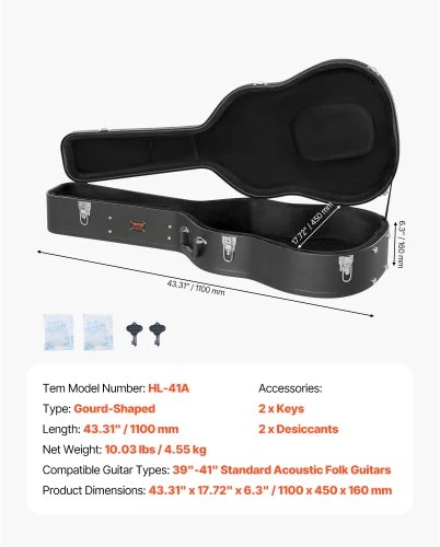 Koduva VEVOR kietas dėklas akustinei gitarai, 43,31 col. / 110 cm, su užraktu ir raktais