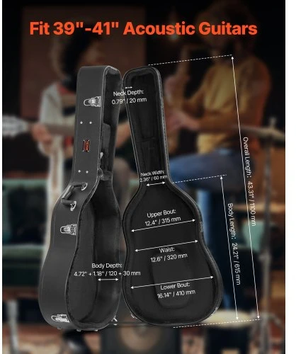 Koduva VEVOR kietas dėklas akustinei gitarai, 43,31 col. / 110 cm, su užraktu ir raktais