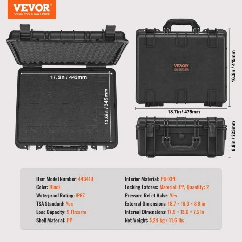VEVOR Kietas dėklas pistoletams, juodas, 5 pistoletams, modelis 453619