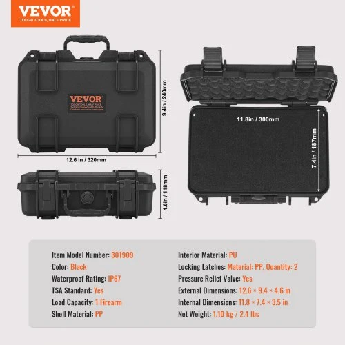 VEVOR Kietas pistoleto dėklas 1 pistoletui, juodas, 320 x 240 x 118 mm