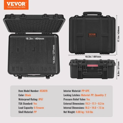 VEVOR Kietas pistoleto dėklas 6 ginklams, juodas, 491 x 434 x 211 mm