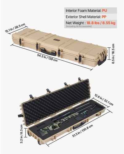 VEVOR Kietas šautuvo dėklas, užrakinamas, khaki, 138 cm