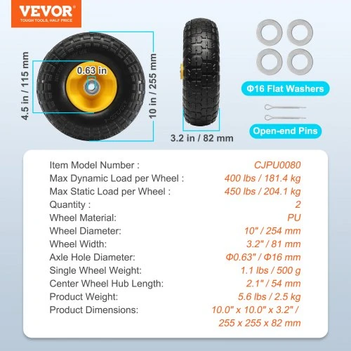 Koduva VEVOR kietos PU ratukai be oro, 25,4 cm, 2 vnt., 181,4kg