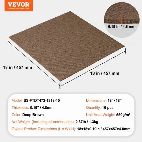 VEVOR Kiliminės plytelės, 18 x 18 col., tamsiai rudos, 10 vnt.