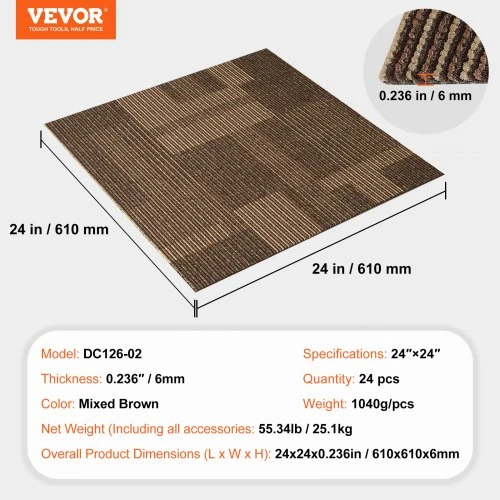 VEVOR Kiliminės plytelės, 24 vnt., 610 x 610 x 6 mm, mišriai rudos
