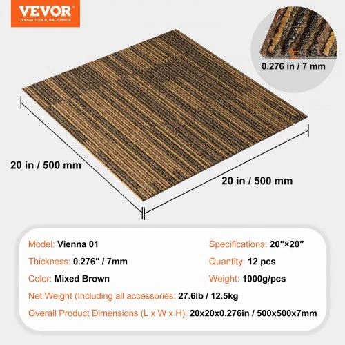 VEVOR Kiliminės plytelės, 500 x 500 x 7 mm, mišri ruda, 12 vnt.