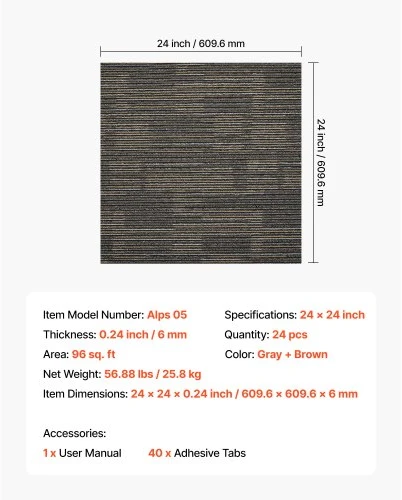 VEVOR Kiliminės plytelės, 610 x 610 mm, 24 vnt., pilka ir ruda