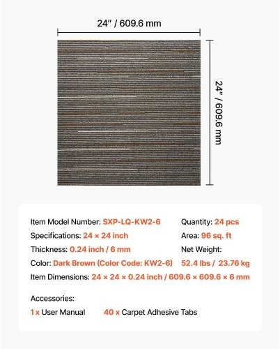 VEVOR Kiliminės plytelės 610 x 610 mm, 24 vnt., modulinis kilimas, tamsiai ruda